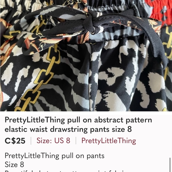 PrettyLittleThing pull on abstract pattern elastic waist drawstring pants size 8 - Picture 9 of 10